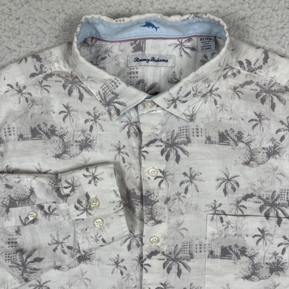 Tommy Bahama Button Down Shirt Mens XL White Grey Palm Tree Tropical Linen Blend